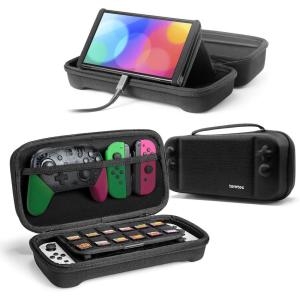imagetomtoc Carrying Case for Nintendo SwitchOLED Model Large Travel Switch Bag with Pocket for Pro Controller Joy con Grip or AC Adapter Protective Portable Carry Shell with 24 Game CartridgesBlack