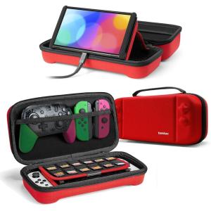 imagetomtoc Carrying Case for Nintendo SwitchOLED Model Large Travel Switch Bag with Pocket for Pro Controller Joy con Grip or AC Adapter Protective Portable Carry Shell with 24 Game CartridgesRed