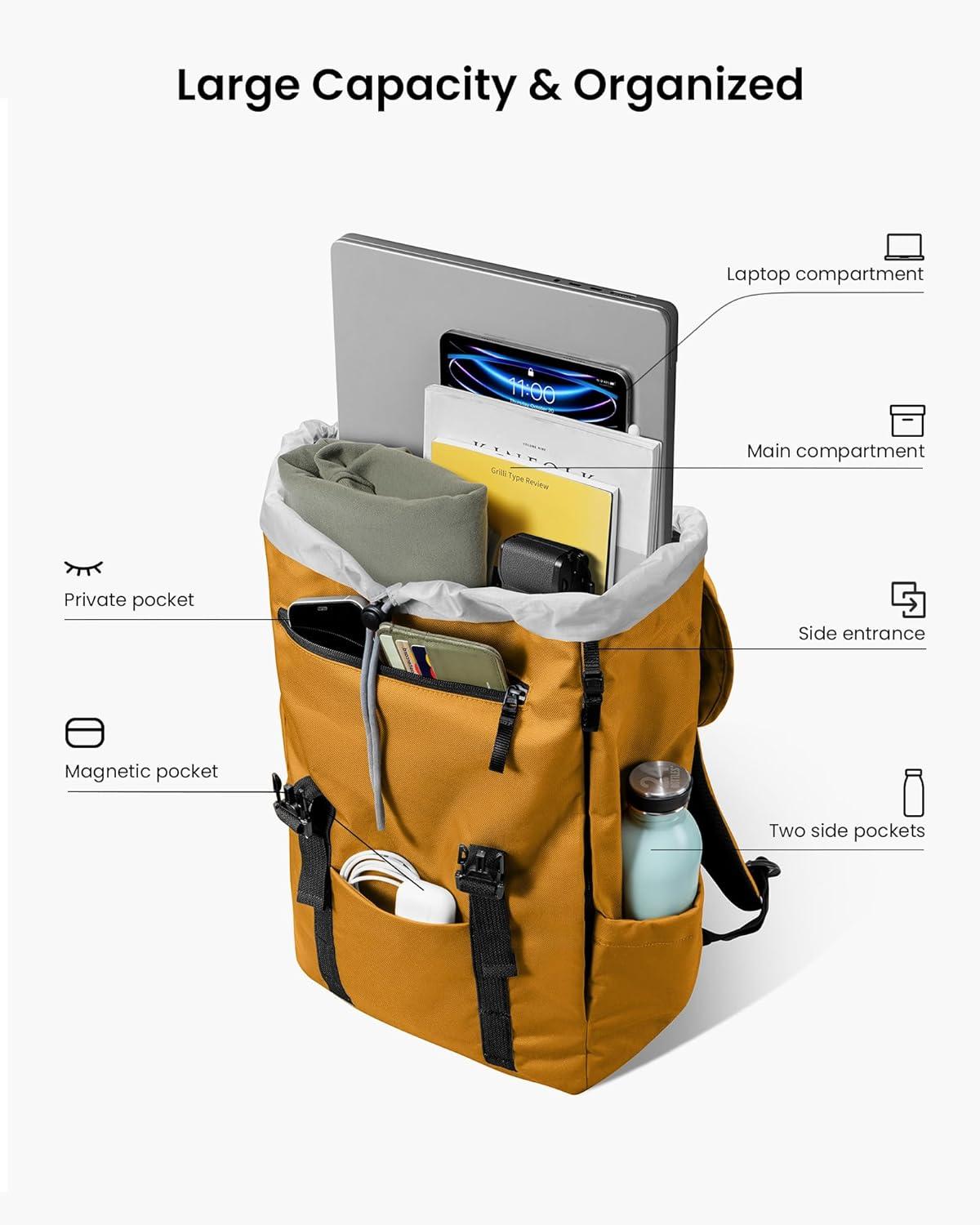 imagetomtoc Flap Laptop Backpack Lightweight WaterResistant Casual Daypack Durable Workpack Vintage Classic Rucksack for 13156 Inch Laptop perfect for Campus Street 22L BlackYellow