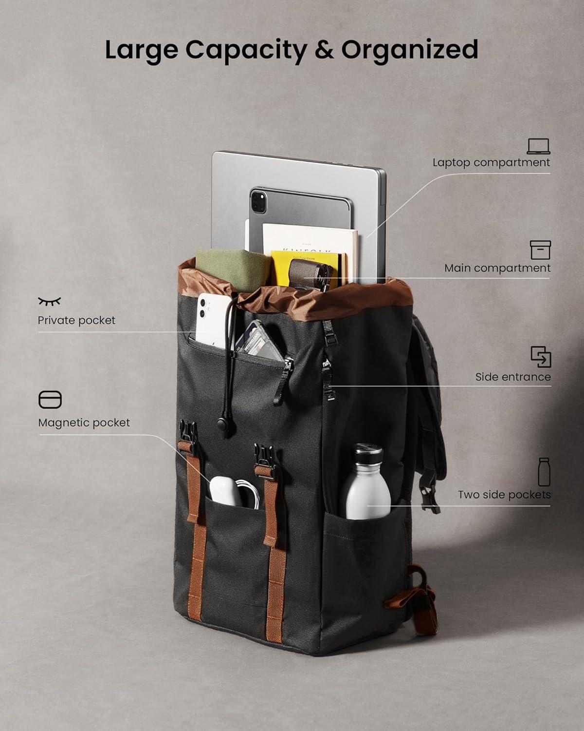 imagetomtoc Flap Laptop Backpack Lightweight WaterResistant Casual Daypack Durable Workpack Vintage Classic Rucksack for 1316 Inch Laptop perfect for Campus Street 22LBlack
